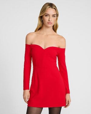 Crepe Off The Shoulder Sweetheart Long Sleeve Mini Dress