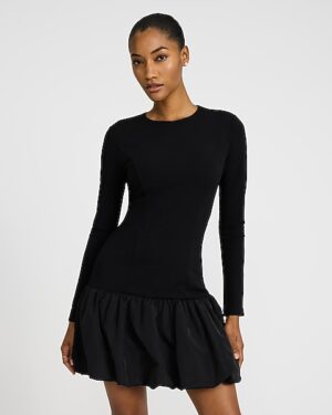 Crew Neck Long Sleeve Drop Waist Bubble Hem Mini Dress