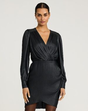 Metallic V-Neck Long Sleeve Wrap Mini Dress