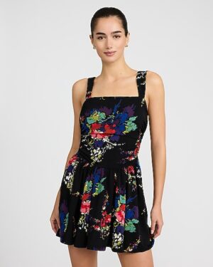 Floral Square Neck Ruched Mini Dress with Pockets