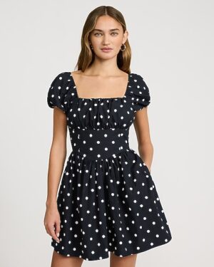 Polka Dot Square Neck Short Puff Sleeve Mini Dress with Pockets