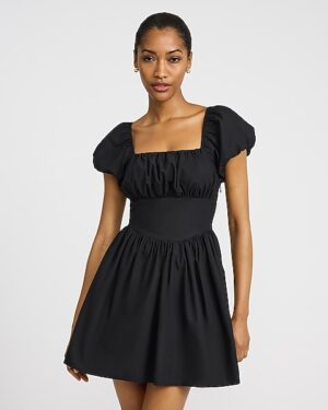 Square Neck Puff Sleeve Mini Dress with Pockets