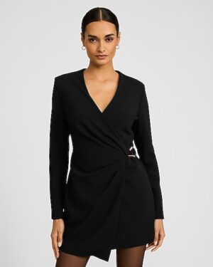 V-Neck Long Sleeve Hardware Wrap Mini Blazer Dress