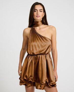 Satin Asymmetrical Scarf Neck Ruffle Hem Mini Dress