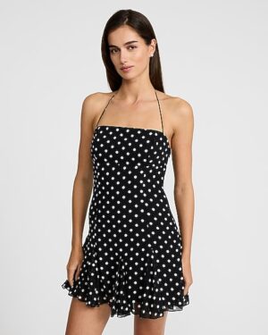 Polka Dot Halter Neck Drop Waist Mini Dress