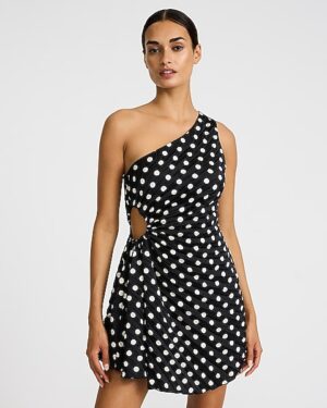 Satin Polka Dot One Shoulder Side Cutout Mini Dress