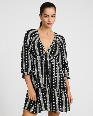 Embroidered V-Neck Elbow Sleeve Tiered Mini Dress