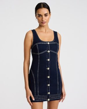 Dark Wash Scoop Neck Novelty Button Denim Mini Dress