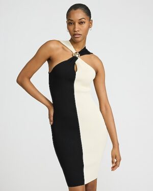 Color Block Hardware Halter Neck Mini Sweater Dress