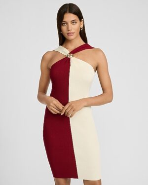 Color Block Hardware Halter Neck Mini Sweater Dress