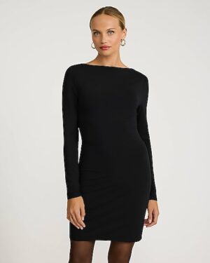 Boat Neck Long Sleeve Open Back Mini Sheath Dress
