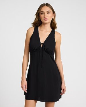 V-Neck Tie Front Mini Dress with Pockets