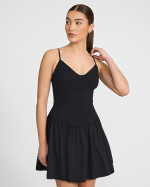 Mixed Media V-Neck Drop Waist Mini Dress