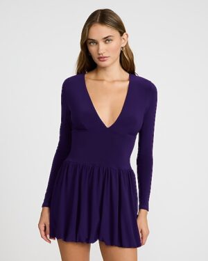 V-Neck Long Sleeve Bubble Hem Mini Dress