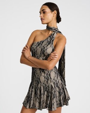 Lace One Shoulder Scarf Neck Drop Waist Mini Dress
