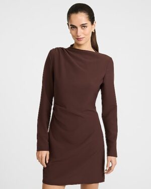 Asymmetrical Mock Neck Long Sleeve Draped Mini Dress