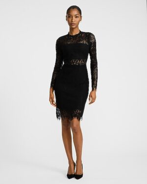 Lace Pieced Crew Neck Long Sleeve Midi Dress