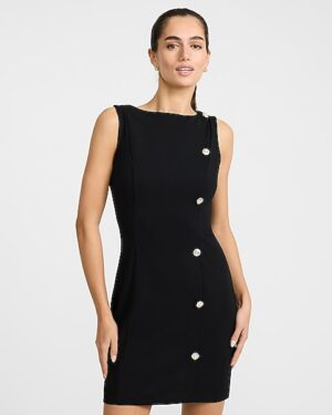 Boat Neck Sleeveless Asymmetrical Novelty Button Mini Dress