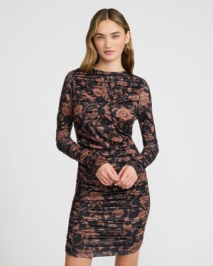 Printed Crew Neck Long Sleeve Twist Front Ruched Mini Dress