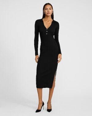 Ribbed V-Neck Polo Button Midi Sweater Dress