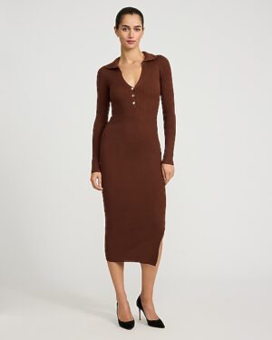 Ribbed V-Neck Polo Button Midi Sweater Dress