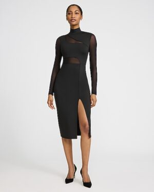 Mesh Mock Neck Long Sleeve Midi Sheath Dress