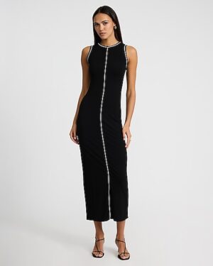 Piped Ribbed Crew Neck Sleeveless Midi Knit Dress