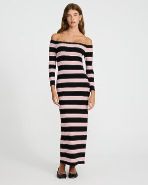 Striped Off The Shoulder Long Sleeve Knit Maxi Dress