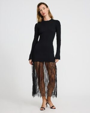 Long Sleeve Sheer Lace Midi Sweater Dress