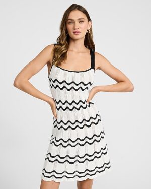 Crochet Wavy Striped Square Neck Mini Sweater Dress