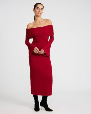 Ribbed Off The Shoulder Long Sleeve Maxi Knit Dress