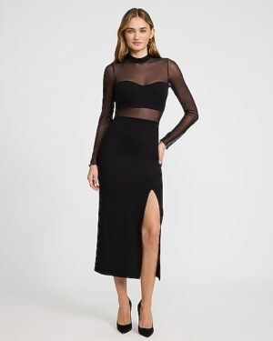 Mixed Media Mesh Pieced Mock Neck Long Sleeve Midi Dress