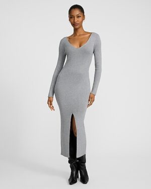 Shine Ribbed V-Neck Long Sleeve Midi Sweater Dress
