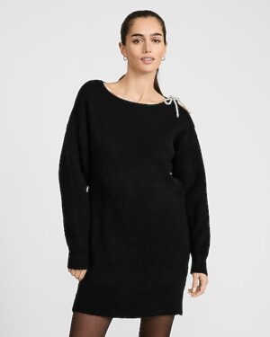 Boat Neck Rhinestone Bow Cold Shoulder Mini Sweater Dress