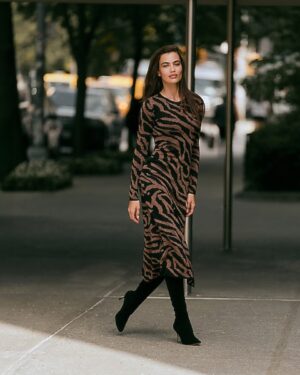 Zebra Crew Neck Long Sleeve Midi Sweater Dress