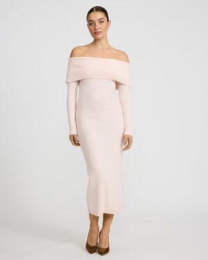 Fold Over Off The Shoulder Midi Sweater Dress