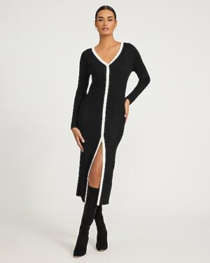 Tipped Ribbed Long Sleeve Button Front Midi Sweater Dress