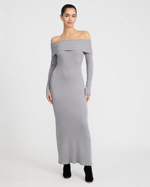 Cozy Ribbed Fold Over Off The Shoulder Maxi Sweater Dress