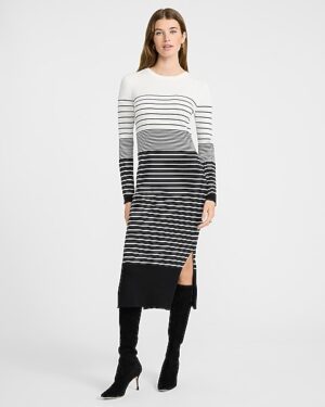 Ribbed Striped Crew Neck Long Sleeve Midi Sweater Dress