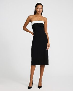 Strapless Color Block Fold Over Midi Sheath Dress