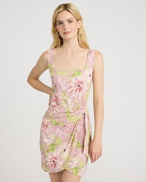 Floral Linen-Blend Scoop Neck Tie Wrap Mini Sheath Dress