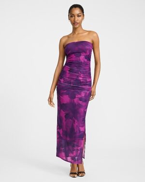 Printed Mesh Strapless Ruched Maxi Dress