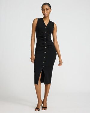 Sleeveless Button Front Ruched Midi Dress