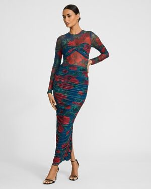 Floral Mesh Long Sleeve Ruched Maxi Sheath Dress