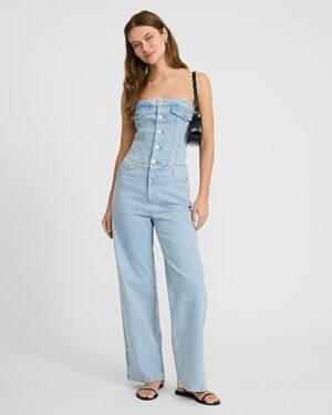 Light Wash Strapless Corset Button Front Wide Leg Denim Jumpsuit with Pockets