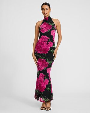 Floral Mesh Halter Maxi Dress