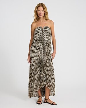 Printed Pleated Strapless V-Wire Midi Dress