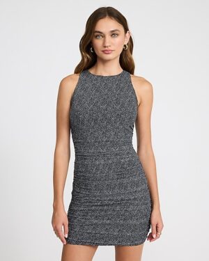 Printed Mesh Ruched Crew Neck Sleeveless Mini Dress