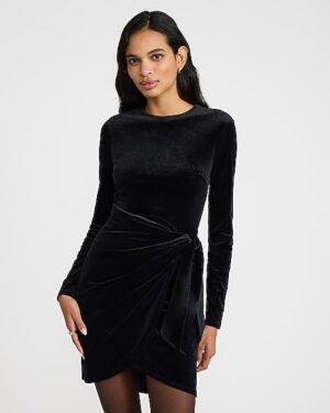 Velvet Crew Neck Long Sleeve Ruched Wrap Mini Dress