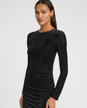 Leopard Burnout Crew Neck Long Sleeve Ruched Midi Dress